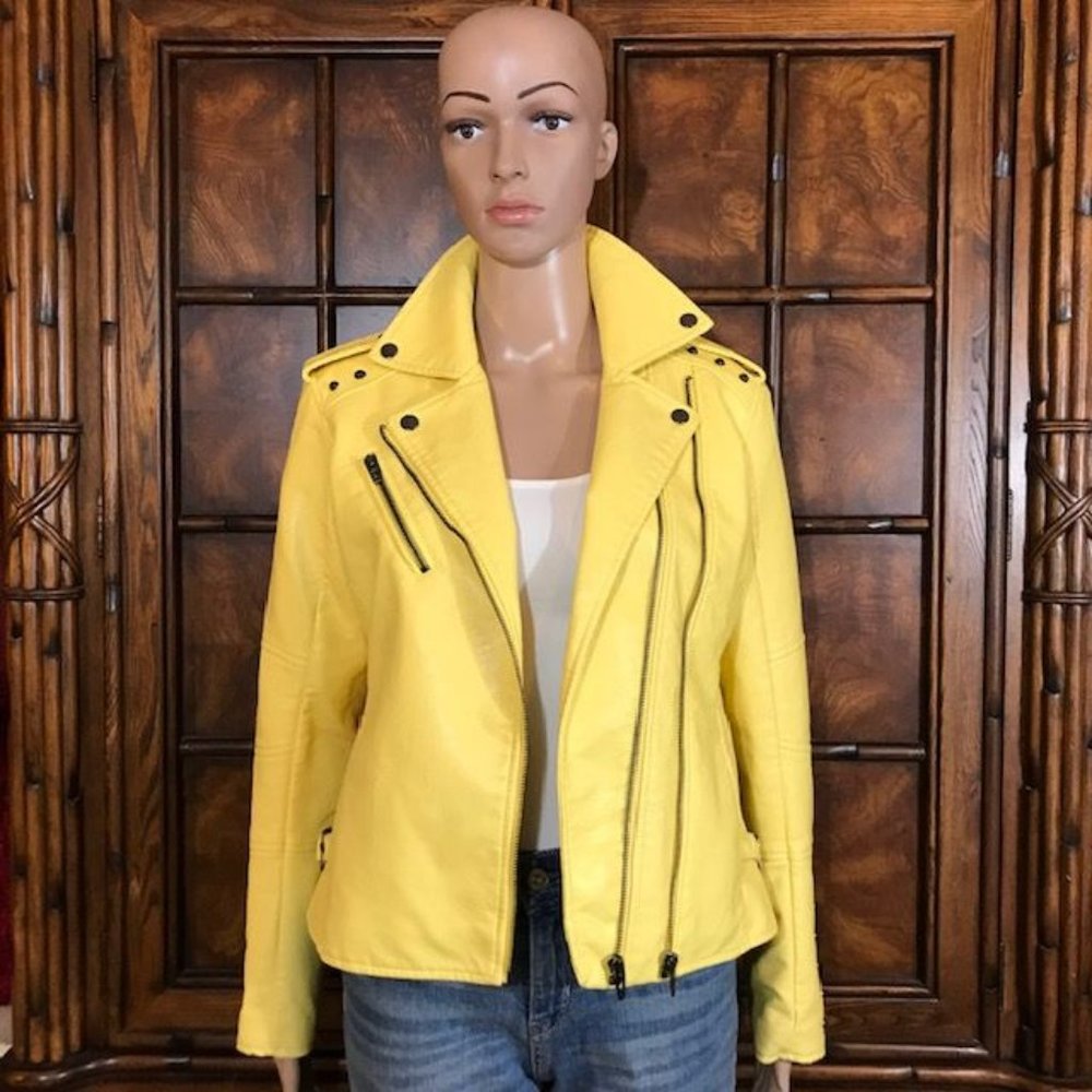 Colleen Lopez Lemon Twist Faux Leather Stud Moto Jacket